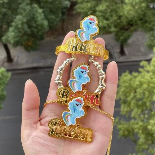 Hot Selling Cartoon Custom Name Jewelry Set Acrylic Bamboo Earrings Cuban Necklace Bracelets Cute Jewelry Gifts For Children