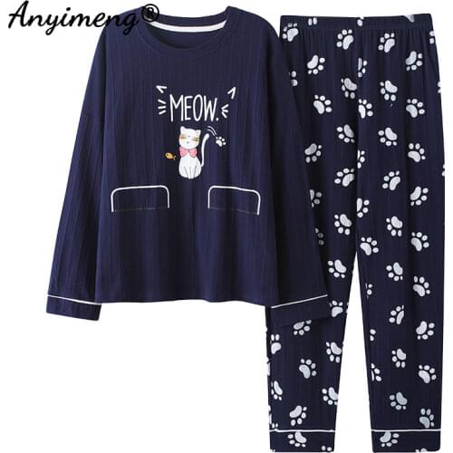Kawaii Cats Printing Fashion Womens Pajamas Big Size Homewear 3XL 4XL 5XL Knitted Cotton Pullover Spring Autumn Winter Pijamas