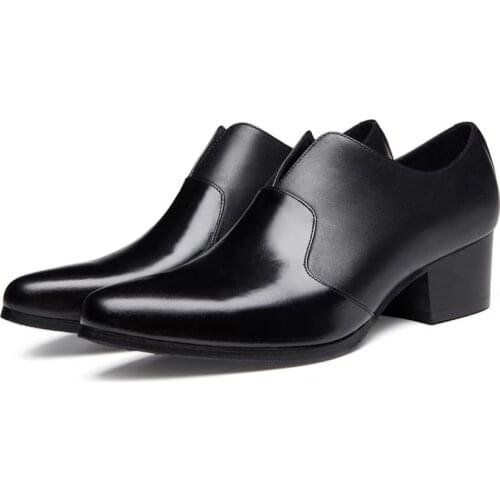 Genuine Leather Business Dress Men Shoes High Heels Trendy Patchwork Pointed Toe Wedding Shoes Career Work Height Increase Shoes
