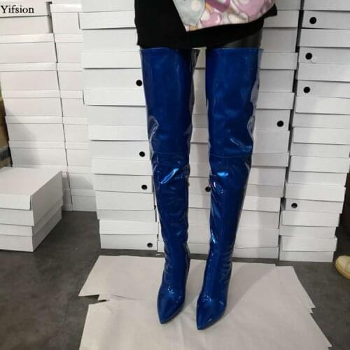 Olomm New Arrival Women Spring Over The Knee Boots Thin High Heels Boots Pointed Toe Blue Party Shoes Women Plus US Size 5-15