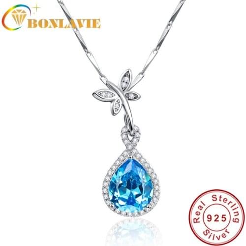 JQUEEN 925 Sterling Silver Necklace Natural Blue Topaz Water Drop Pendant Necklace 6.75Ct Pear Cut Jewelry Accessories
