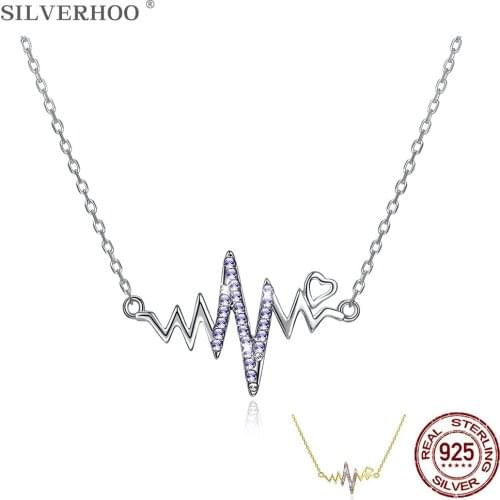 SILVERHOO 925 Sterling Silver Heart Wave Pendant Necklaces For Women Colorful Austria Crystal Anniversary Gift For Girlfriend