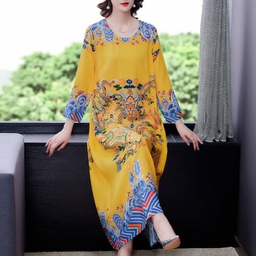 2021 Chinese Style Noble Print 3XL Plus Size Maxi Dress Spring Autumn Vintage Mulberry Silk Dress Women Elegant Bodycon Vestidos