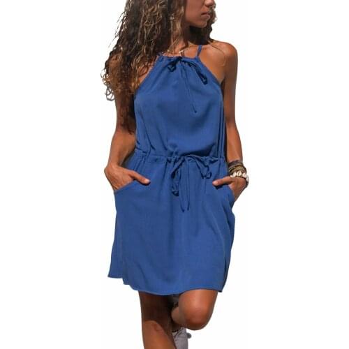 Two Color New Fashion Summer Dress Solid Color Sling Sexy Sleeveless High Waist Tie Knot Front Dress Female Casual Mini Dress