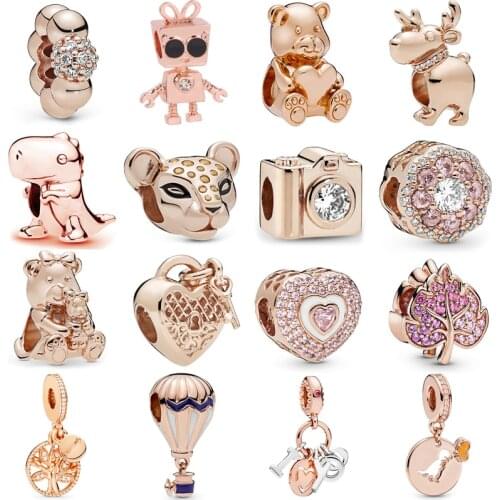 Octbyna Rose Gold Crystal Charm Bead Pendant Fits Pandora Bracelet Necklace Making For Women Girl Jewelry Gifts Dropshipping