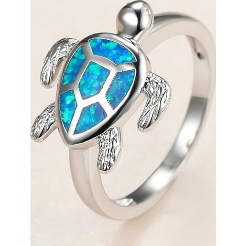 Luxury Male Female Blue Opal Stone Ring Charm Silver Color Thin Wedding Rings For Women Trendy Bride Sea Turtle Engagement Ring