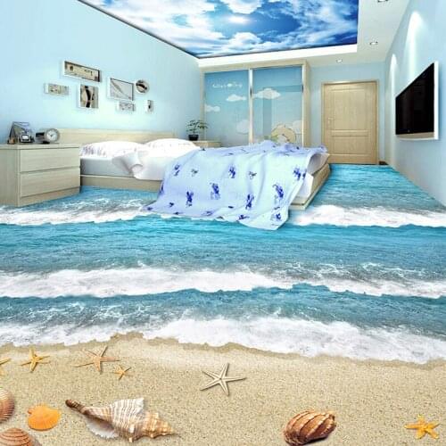 PVC Self Adhesive Waterproof 3D Floor Tiles Wall Paper Sticker Modern Beach Sea Wave Kids Bedroom Living Room Wear Floor Murals