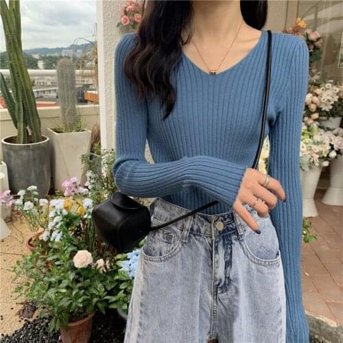 Autumn V Neck Sweater Knitted Fashion Womens Sweaters 2021 Winter Tops For Women Pullover Jumper Pull Femme Hiver Truien Dames