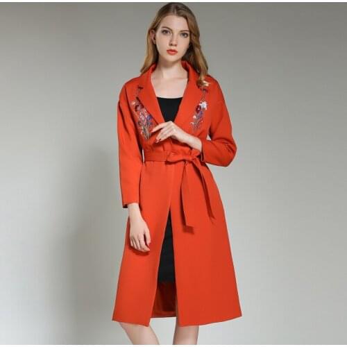 Spring Autumn Fashion Floral Embroidery Trench Coat Women Turn-Down Collar Long Sleeve Long Coat With Belt
