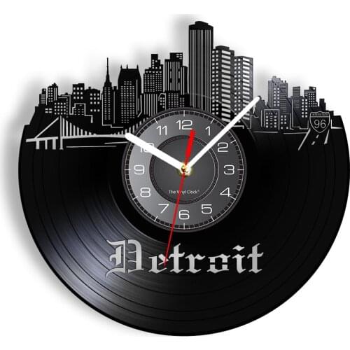 Detroit Skyline Michigan Vinyl Record Wall Clock Time Zone Clock Office Accessories Retro Album LP Clock Watch US Travel Gift