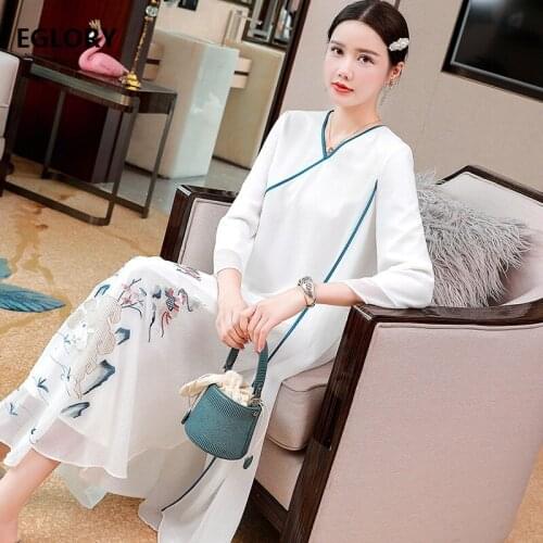 High Quality Brand Qipao Long Dress 2020 Autumn Women Cute Animal Embroidery Patterns White Blue Vintage Maxi Dress Plus Size