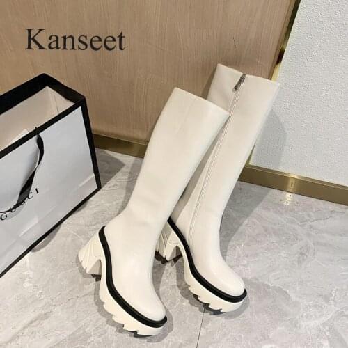 Kanseet Zip Long Boots For Women 2021 Winter New Round Toe Slim Knee-High Boots High Heels Platform Female Martin Boots Beige