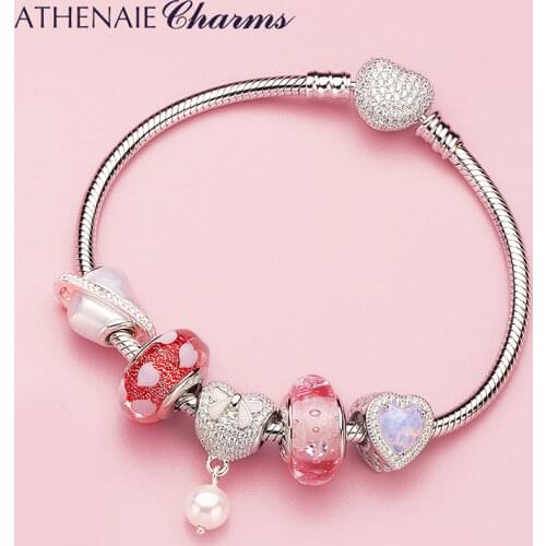 ATHENAIE 925 Sterling Silver Italian Murnao Glass Shine Zircons Love Heart Charms Bracelet For Women Jewerly Gift