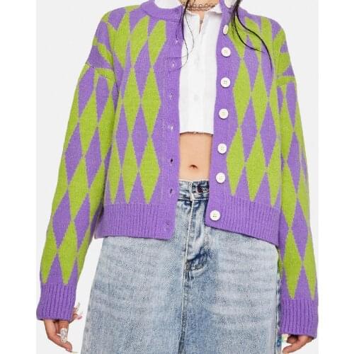 Lilac and Green Argyle Cardigan With Button Front Long Sleeve Crew Neck Loose Knit Top Womens Cardigan Sweater