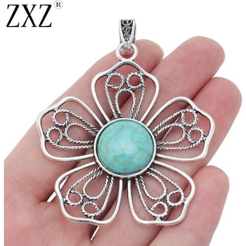ZXZ 5pcs Large Open Filigree Flower & Faux Turquoise Stone Charms Pendants for Jewelry Making Findings 62x59mm