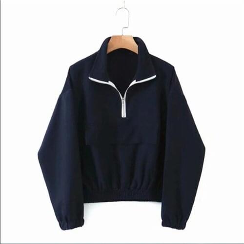 2021 Fashion Elegant Women Lapel Half Zipper Long Sleeve Pullovers Jacket European And American Style Casual Dark Blue Outerwea
