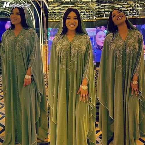 African Dresses for Women Oversized Chiffon Dashiki Diamond Beads Robe Muslim Islamic Bat Sleeve Abaya Kaftan Turkish Clothing