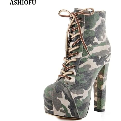 ASHIOFU Handmade New Ladies Chunky Heel Boots Cross Shoelace Party Army-style Ankle Boots Platform Evening Fashion Short Boots