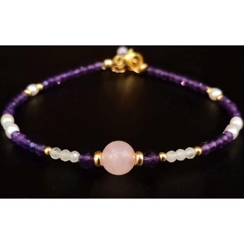 Lii Ji Rose Quartz Amethyst Freshwater Pearl 14K Gold Filled Bracelet Natural 2mm Stone Handmade Jewelry For Women Gift