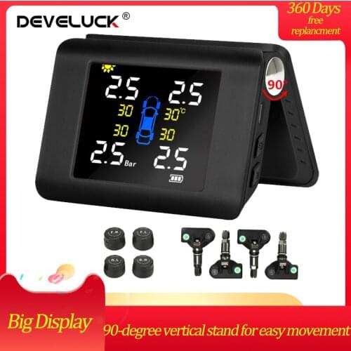 DeveluckTPMS Tyre Pressure Solar Power LED Display with 4 Built-in or External Sensor Monitoring Intelligent Auto Alarm System
