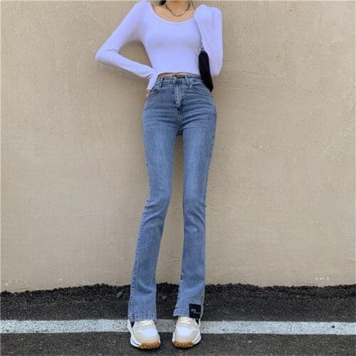 Jeans Womens Spring And Summer New Solid Color Split Stretch Button Zipper High Waist Commuter Slim Denim Flared Trousers ZM157
