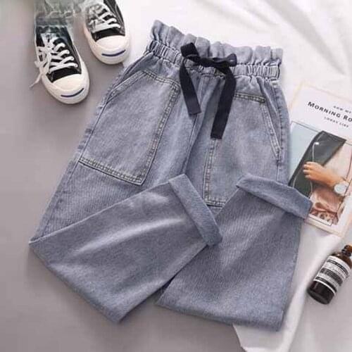 Jeans Women High Elastic Waist Pockets Bow Sweet Girls Ankle-length Trousers All-match Jean Harajuku Korean Style Fashion Casual
