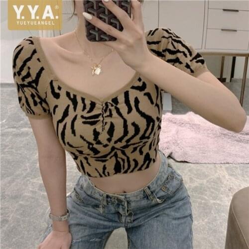 Sexy Leopard Cropped Top Women Slim Fit V-Neck Knitting T-Shirt Short Sleeve Fashion Female Tees High Street New Summer T-Shirts