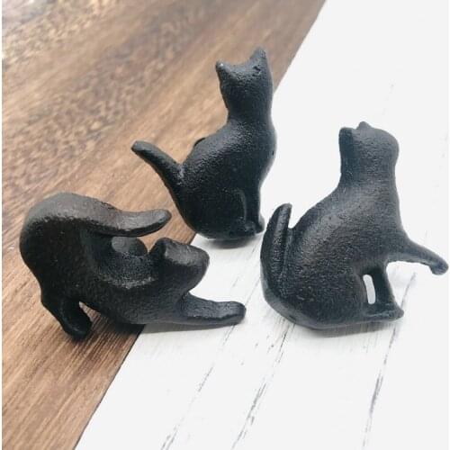 Creative Lazy Cat Design Wardrobe Kitchen Cabinet Drawer Knobs Cute Cat Door Handle Vintage Metal Black Matte Cast Iron Handles