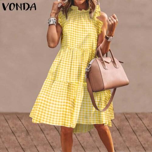 Summer Women Short Dress 2021 VONDA Holiday Beach Sundress Female Vintage Plaid Party Vestidos Plus Size Sundress