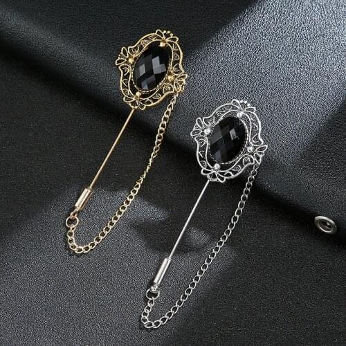 Trendy Mens Chain Retro Brooch Mens Blazer Plug In Brooch Trendy Black Gem Long Needle