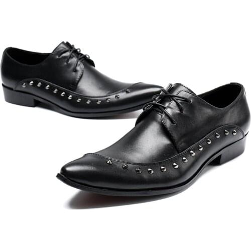 Erkek ayakkabı Italian mens shoes pointed toe genuine leather rivets low heel business oxford gents dress wedding mens shoes