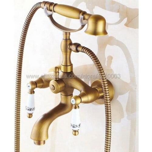 Wall Mounted Bathtub Faucet Antique Brass Tub Sink Faucet Telephone Style Bathroom Bath Shower Set with Handshower Ktf313