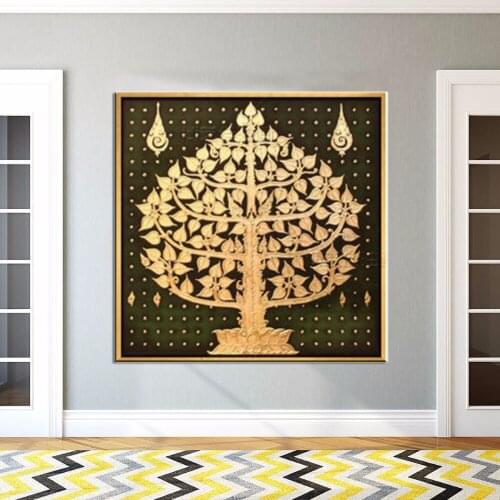 Newest Handmade Abstract Gold Bodhi Leaves Paintings on Canvas Southeast Asia Style Tree Oil Painting for Room Decor Artwork