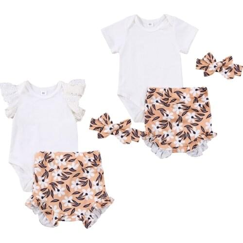 Three Piece Baby Girl’s Clothes Fresh Solid Color Fly/Short Sleeve Romper and Flower Short Pants with Headband