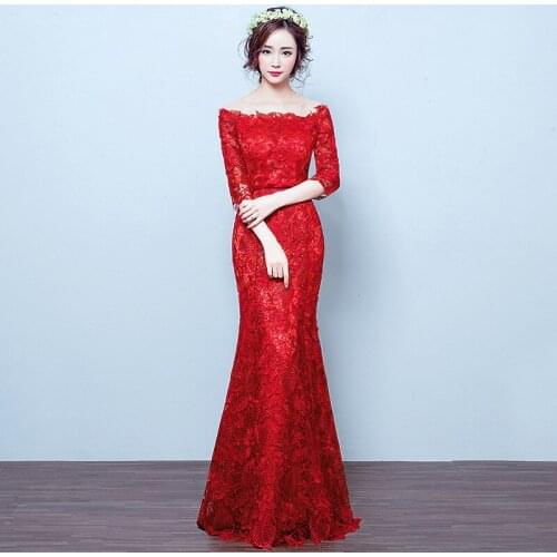 Special Occasion Dresses Illusion Boat Neck Half Luxury Red Tulle Lace Trumpet Backless Embroidery Sequined Lady Prom Gown E1050