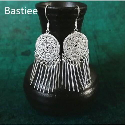 Bastiee Long Tassels 999 Sterling Silver Earrings For Women Hmong Bronze Drum Earings Ethinc Vintage Handmade Luxury Jewelry