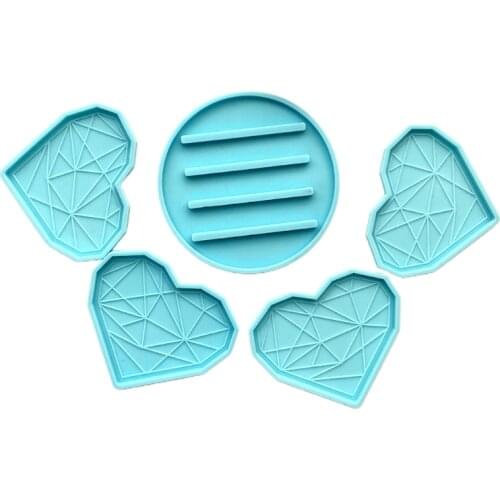 Heart-shaped Geometric Coaster+Holder Epoxy Resin Mold Cup Mat Silicone Mould U90F