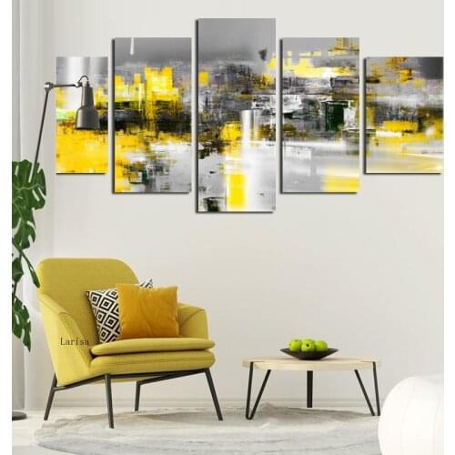 Modern Abstract Wall Art Canvas Painting Yellow Black and White Picture Five Pieces Print Posterfor Living Room Home Decor