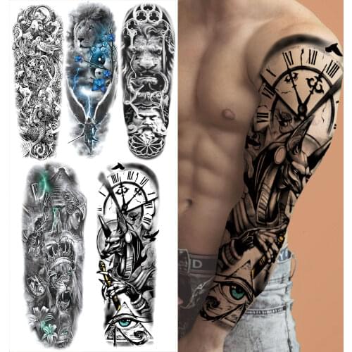Super Large Compass Wolf Head Eye Temporary Tattoo Sleeves For Men Women Fake Lion God Feather Tatoo DIY Full Arm Tattoo Sticker