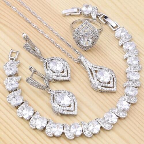 Bridal 925 Silver Jewelry Set For Women White Cubic Zirconia Crystal Ring Bracelet Necklace Pendant Drop Earrings