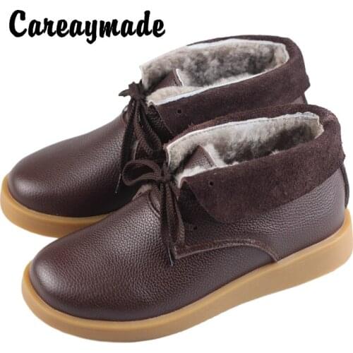Careaymade-First layer leather real wool warm snow boots female anti slip thick sole sheepskin cotton shoes short winter boots