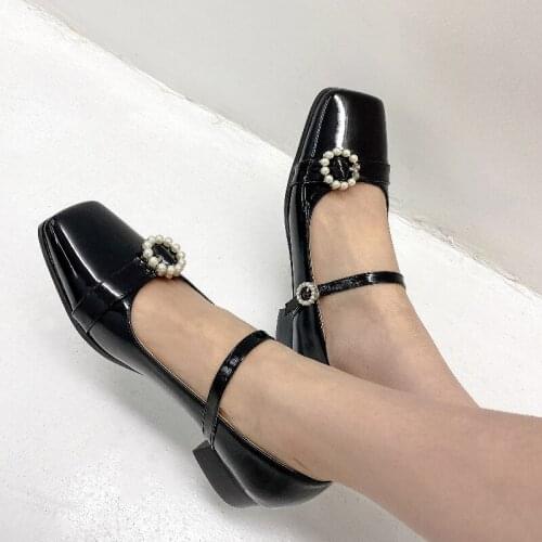 2021 New Fashion Women Shoes Square Toe Mary Janes Shoes Square Heel Dress Shoes Pearl Buckle Pumps High Heels Office Shoe Beige