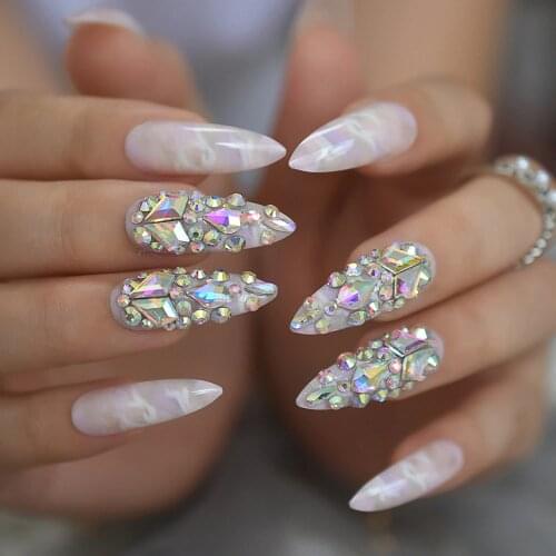 Gorgeous Luxury Press On Nails Extra Long Light Marble Colorful Crystal Faux Ongles with Large Rhistones AB Perfect Party