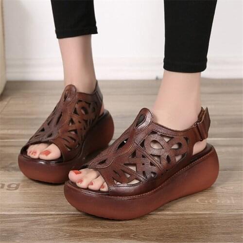 Women Genuine Leather Sandals Woman Summer Shoes Female Flat Med Heel Wedges 2019 Casual Retro Free Shipping