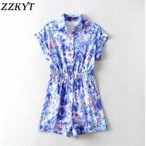ZZKYT 2021 Women Summer Fashion Floral Print Pockets Playsuits Vintage Lapel Collar Short Sleeve Female Chic Short Jumpsuits