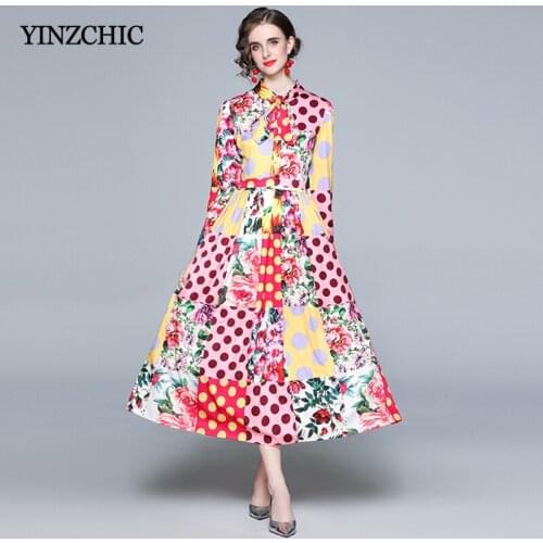 Summer Floral Mid Dress Dots Print Casual Boho Skirts for Woman Bow-neck Slim A-line Casual Party Dresses Spring Vestidos Femme