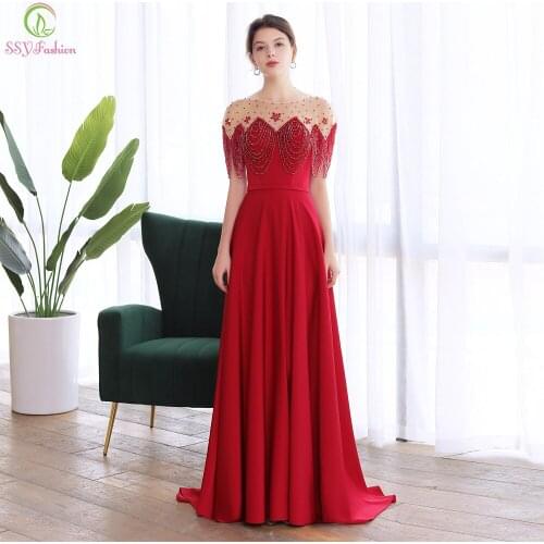 SSYFashion New Luxury Evening Dresses Banquet Elegant Wine Red Tassel Crystal Beading Satin Prom Formal Gowns Vestidos De Noche