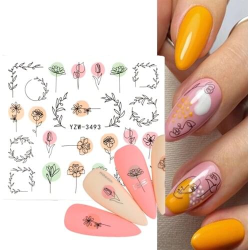 Woman Face Design Nail Stickers Black Blossoms Floral Leaf Abstract Image Slider New Arrivals Nail Art Decals Decoration 1PCS