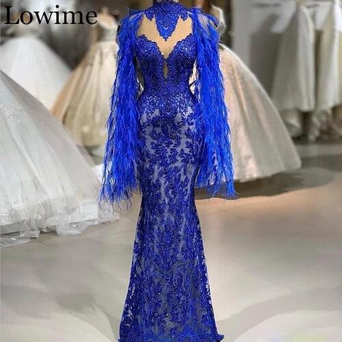 2020 Wholesale Royal Blue Lace Celebrity Dress Beading Gorgeous Red Capet Formal Evening Dress Kaftan Abendkleider Feathers Gown