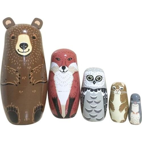 5pcs /Set Wooden Toys Bear Owl Rabbit Pattern Matryoshka Dolls Cute Animal Design Russian Nesting Dolls Toy Gift